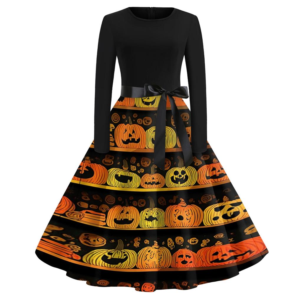 Women Casual Halloween Print Dress Long Sleeve Round Neck Retro Vintage Style Midi Dress with Waist Tie