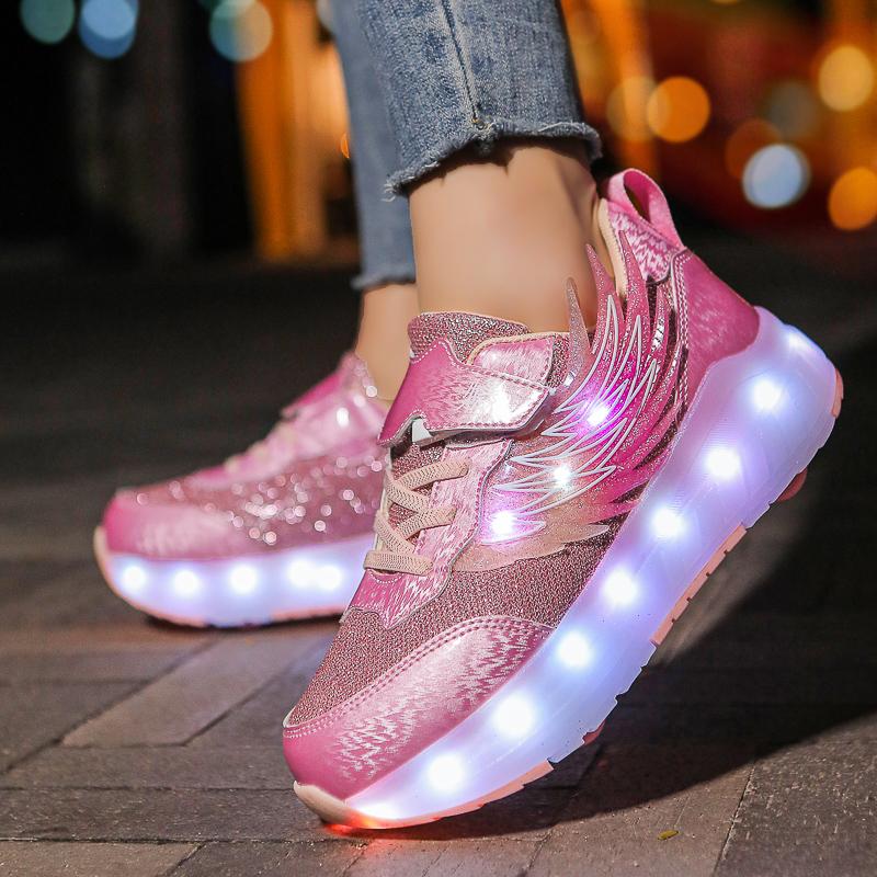 TUINANLE LED Luminous Children's Rechargeable Running Shoes with Wheel Skates Multi Light Breatheable Boy Girl