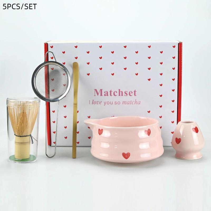 Pink Heart Matcha Whisk Set | Bamboo Chasen & Ceramic Bowl/Stand Kit for Matcha Preparation