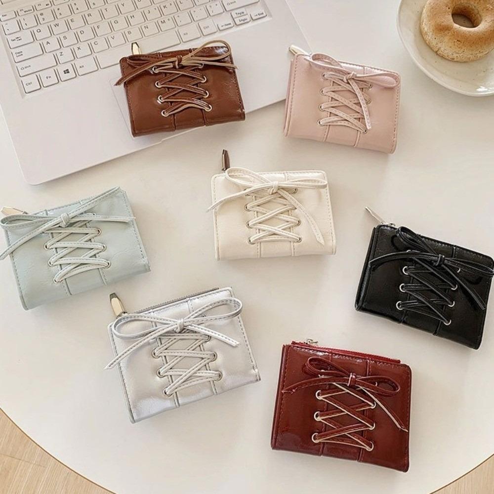 Strap Bow Women Wallets Short Wallets Card Holder Folding Zipper Coin Purse Girl PU Leather Coin Pouch Casual Clutch Bag