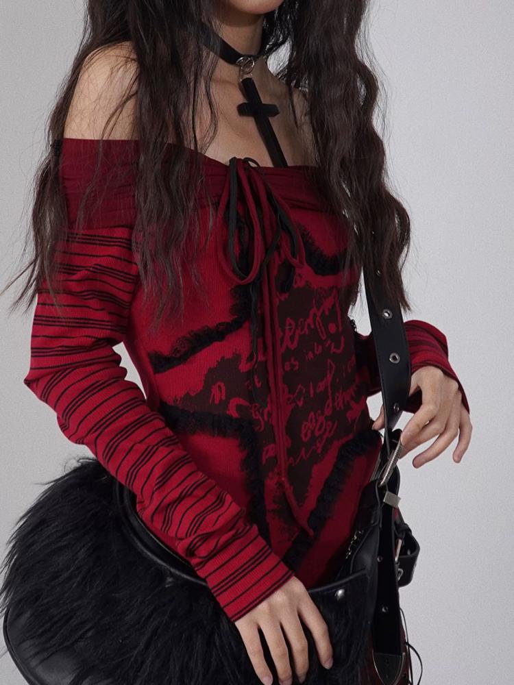 Estetisk Grunge Rød Trykket Langermet Topp Sexy Off-Shoulder Y2k Slankende T-skjorte Japansk Motedesign Casual Klær Høst
