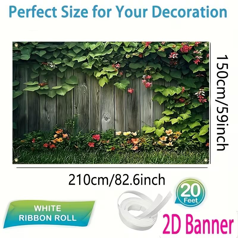 2D Vintage Garden Backdrop, Wood Fence with Lush Vines & Floral Background for Outdoor Themed Events & Studio