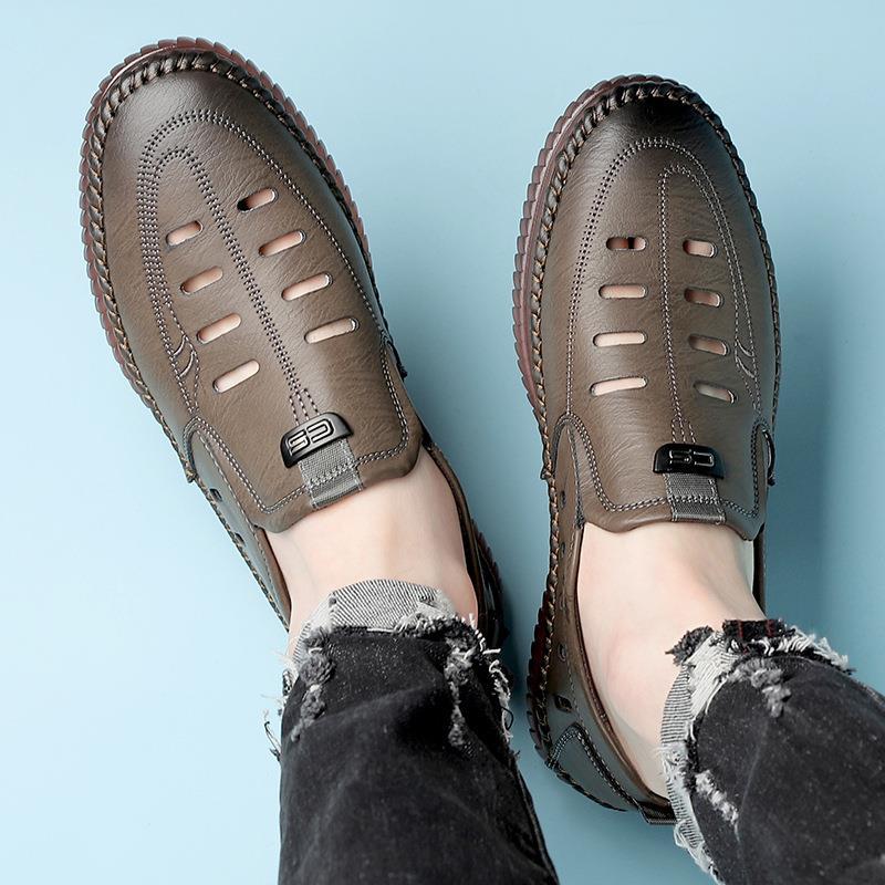 Leather sandals summer men's casual hollow soft leather soft sole middle-aged dad shoes beef tendon sole non-slip driving hole shoes