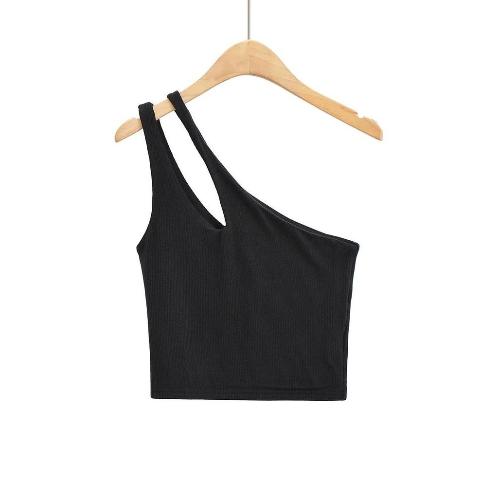 Sexy Women's Crop Top Solid Stretch Fit Knit Sleeveless One Shoulder Hollow Out Basic Backless Tank Top
