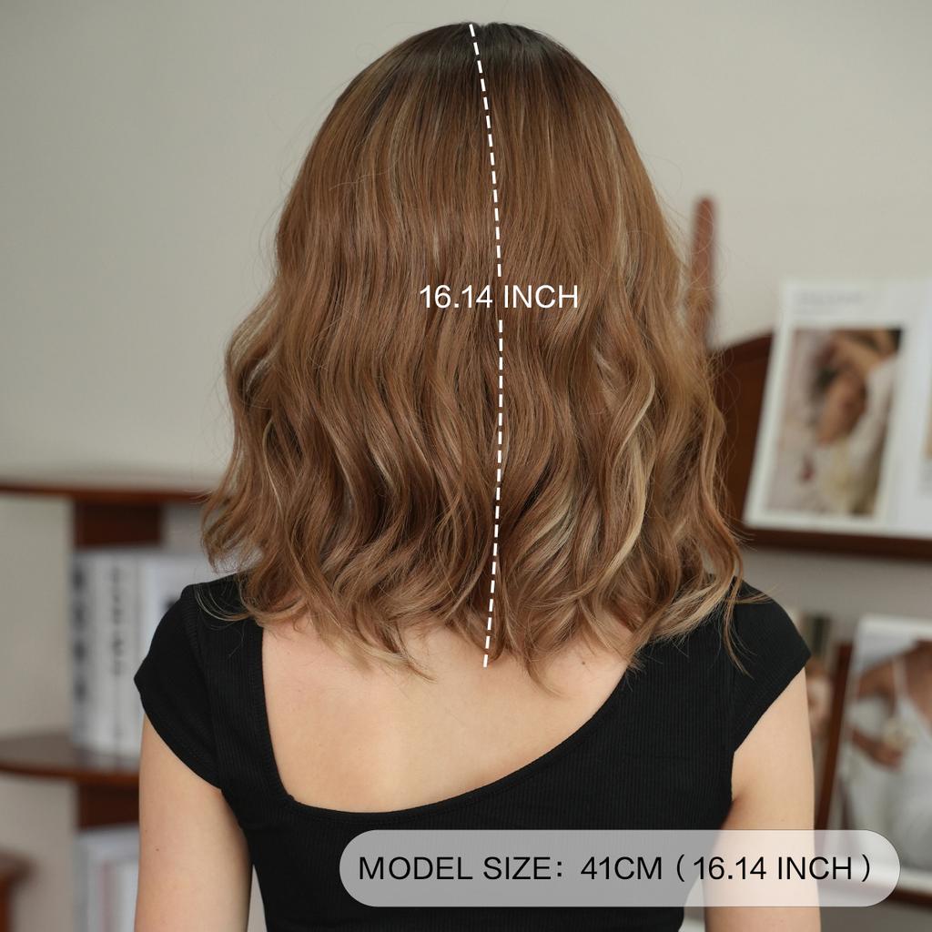 Synthetic Short Wavy Brown Wigs with Bangs Women Layered Hair with Dark Roots Daily Party Costume Heat Resistant Fibre