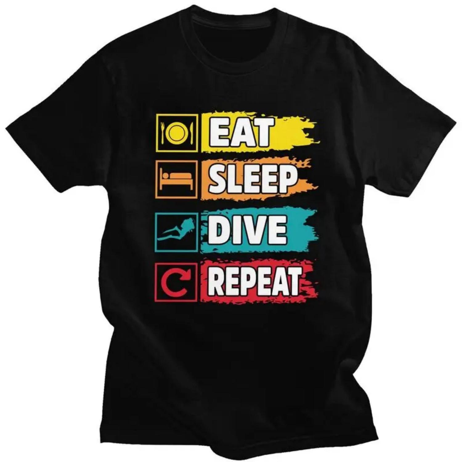 

Мужская футболка на заказ Eat Sleep Dive Repeat, футболка с коротким рукавом, модная футболка с цитатой дайвера, 100% хлопок, идея подарка S чёрный