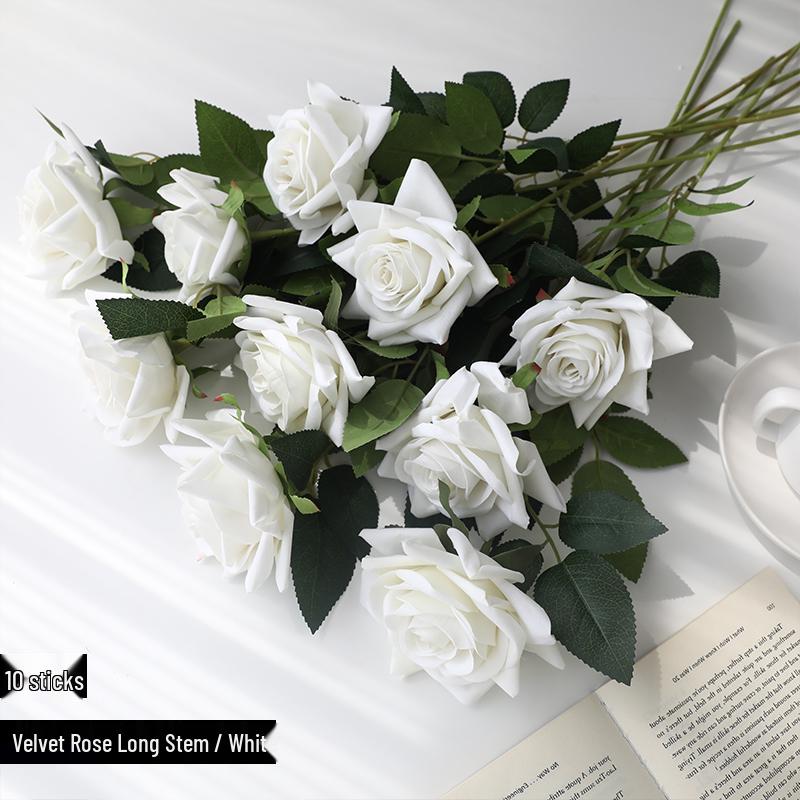 Red Velvet Rose Artificial Flowers - 10 Long Stems for Living Room or TV Cabinet Decor
