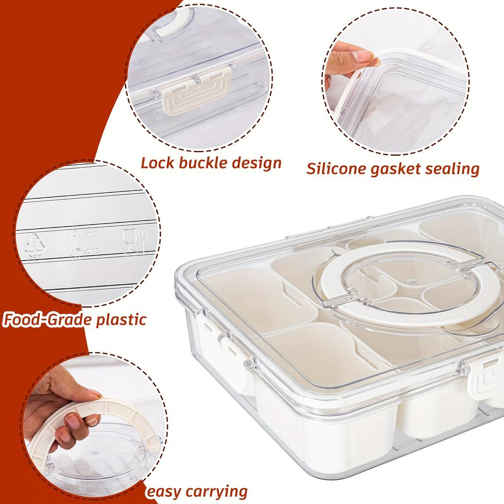 Multipurpose Divided Serving Tray with Secure Lid Handle Portable Charcuterie Platter Clear Snack Container for Party Entertaini