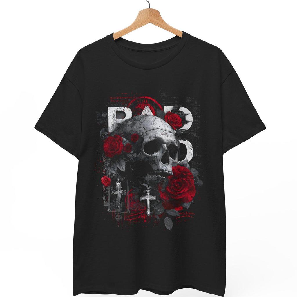Skull Roses Gothic Cross T-Shirt, Dark Art Memento Mori Streetwear