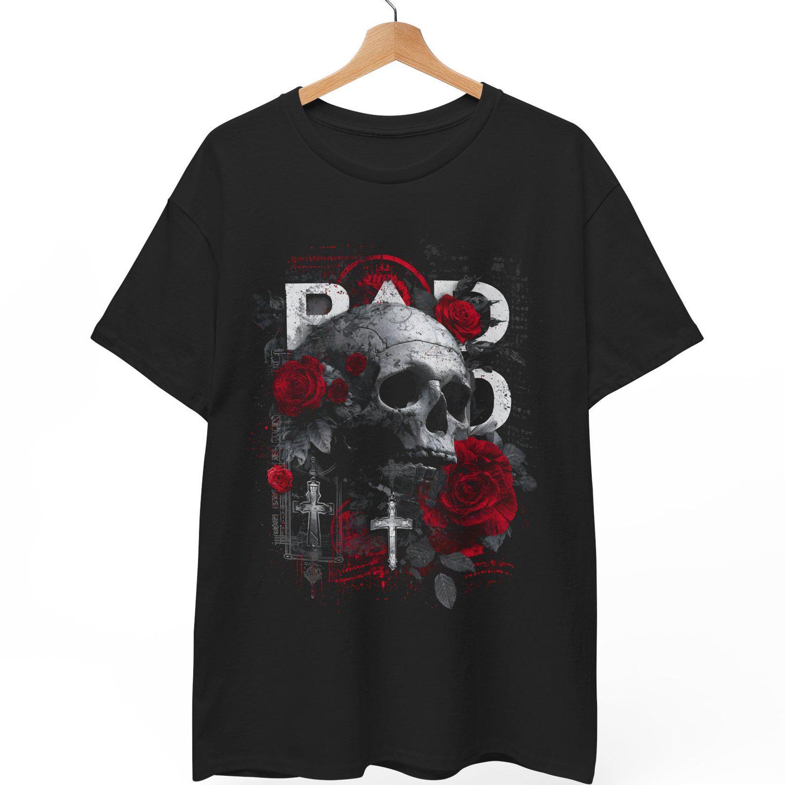 Skull Roses Gothic Cross T-Shirt, Dark Art Memento Mori Streetwear L
