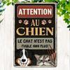 Vintage French Metal Wall Art Sign - "Attention Against Dog & Cat" Humorous Message, Rustic Iron Decor for Home, Garden Decor