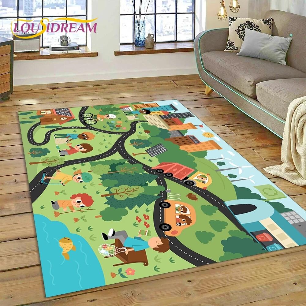 3D Highway Runway Playroom City Traffic Road Map Child PlayMat Rug Carpet for Living Room Bedroom Home Decor,Non-slip for Sofa
