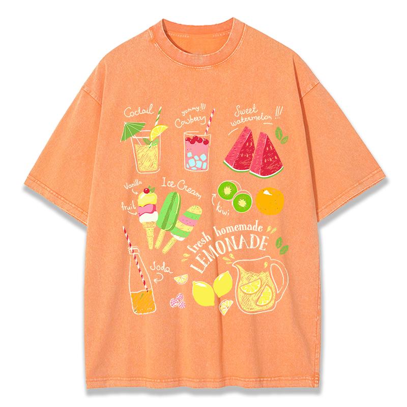 Fruit Tea Cold Drinks Ice Cream Prints Cotton Washed TShirt Women Oversize Tops Street Distressed ONeck T Shirt Summer Clothes