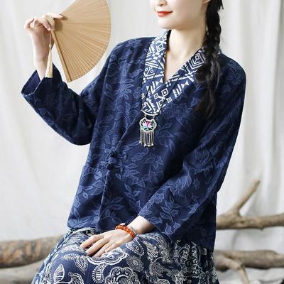 Camisas Vintage de Jacquard para mujer, blusas de otoño azul marino de manga larga con cuello en V, camisas con botones de estilo chino para mujer