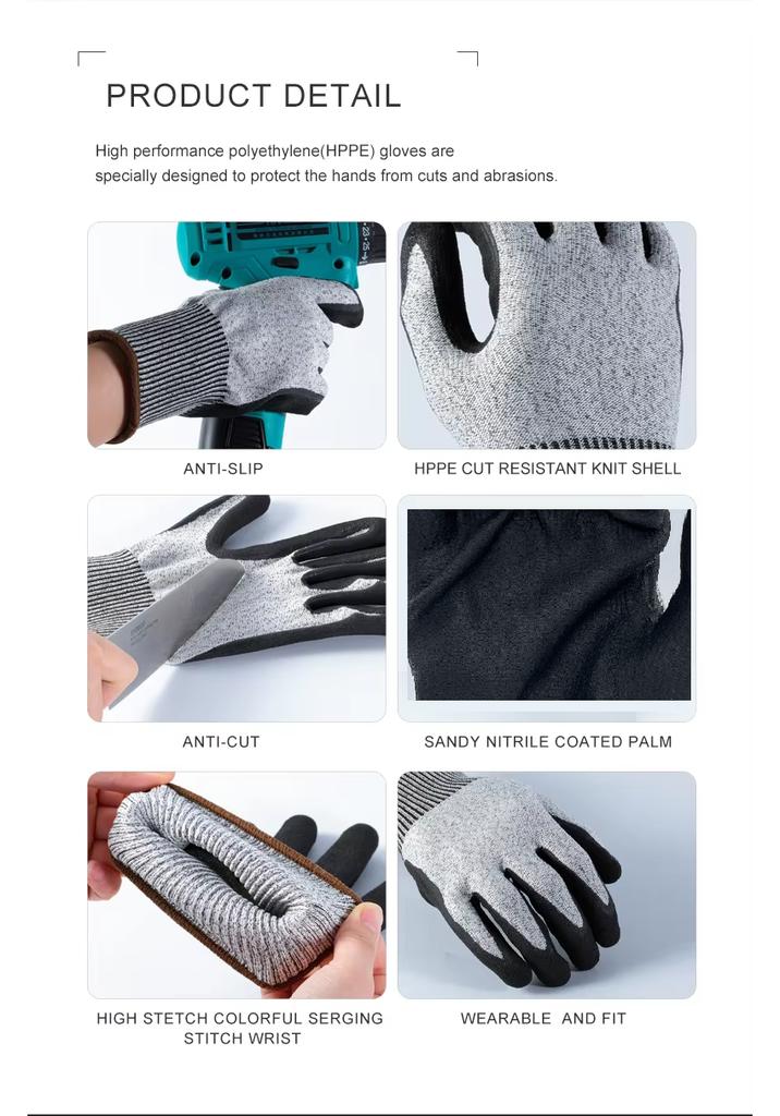 CE EN388 Certified Great Grip Nitrile Coated Construction Gloves Level 5 Anti-Cut Puncture-Resistant Oil Water Resistant Gloves
