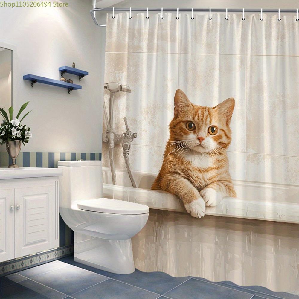 1pc Realistic Orange Tabby Cat Shower Curtain with White Paws Sitting in Vintage Porcelain Showertub Soft Fur Cozy Nostalgic A