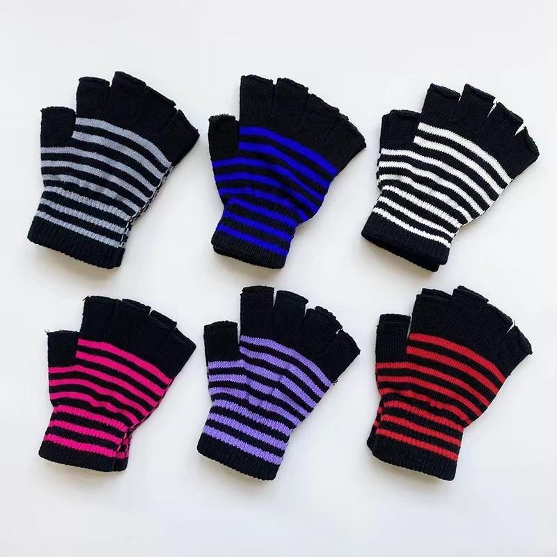 1Pair Unisex Black Stripes Half Finger Fingerless Gloves for Women Wool Knit Wrist Cotton Gloves Winter Warm Men Workout Gloves