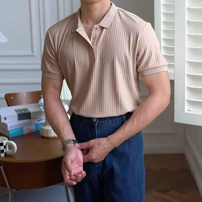 Polo a Maglia a Righe Verticali da Uomo Estate Nuove Slim Monocolore Traspiranti Colletto a Revers Business Manica Corta Polo Top