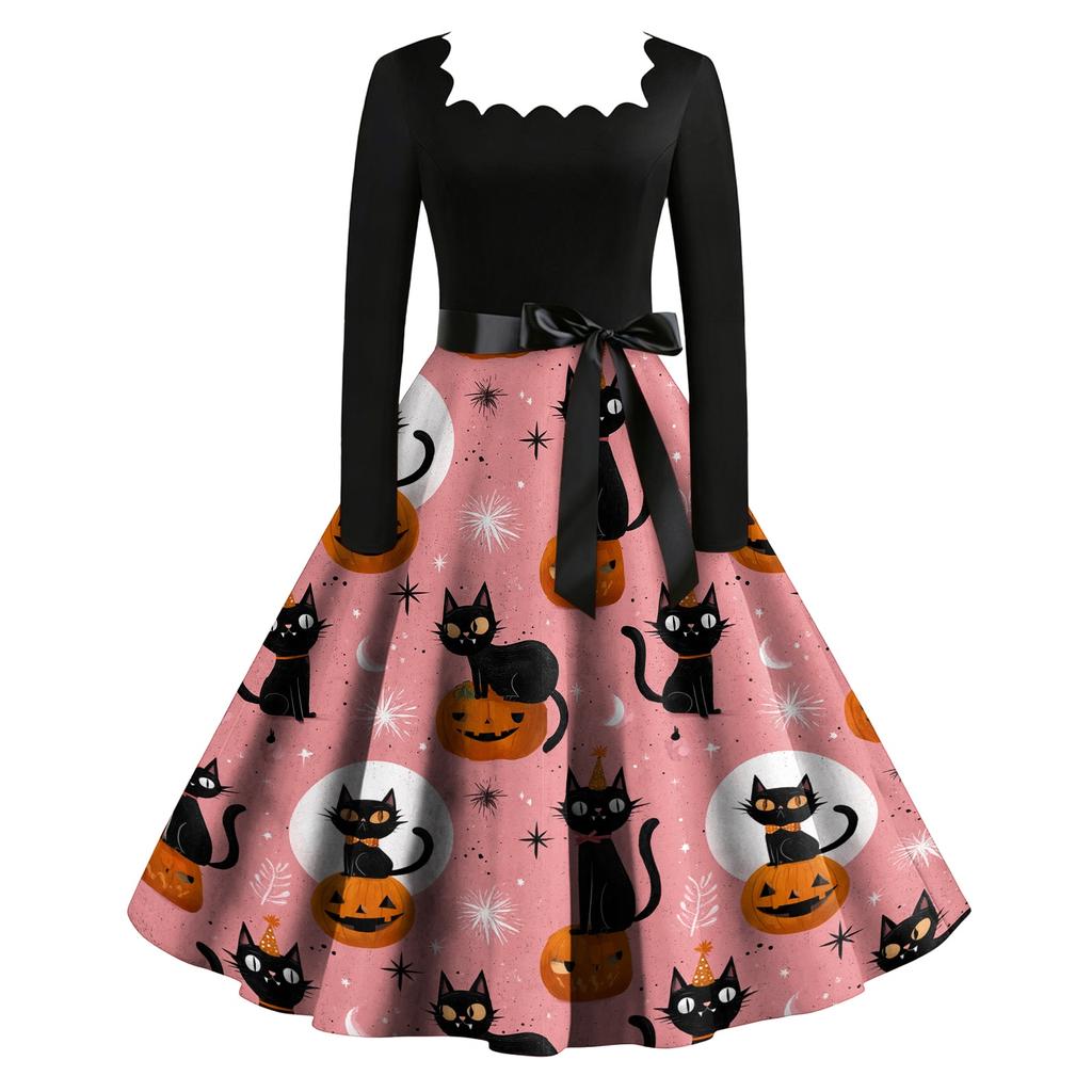 Women's Retro Long Sleeve Square Neck Halloween Print Party Dress