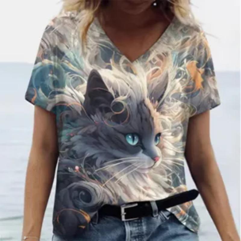 Cat Pattern Summer Loose Women's T-Shirts Casual Comfortable Loose V-Neck Short-Sleeve T-Shirt
