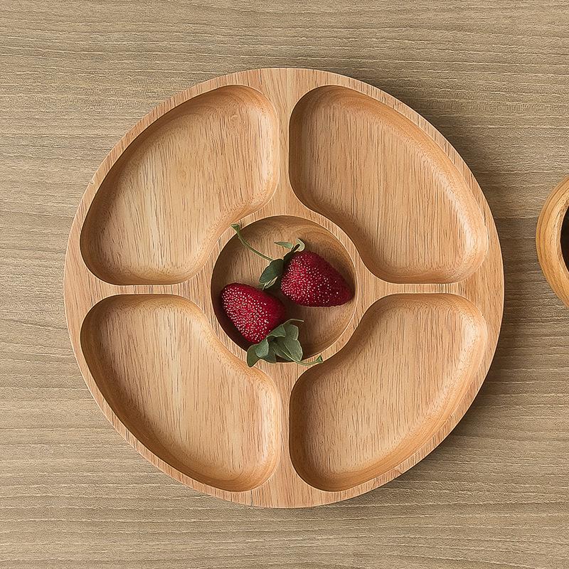 Wood Appetizers Serving Dish Household 5 Compartments Snack Dry Fruit Plate Candy Tray - Round Divided Snack Plate Tray