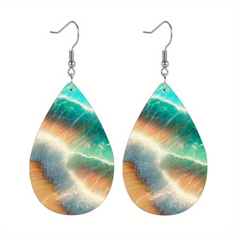 Kolczyki ze skóry PU z wzorem zachodu słońca nad oceanem / fal morskich na plaży, dwustronny nadruk, lekkie wiszące kolczyki dla kobiet, do codziennego noszenia, prezent świąteczny