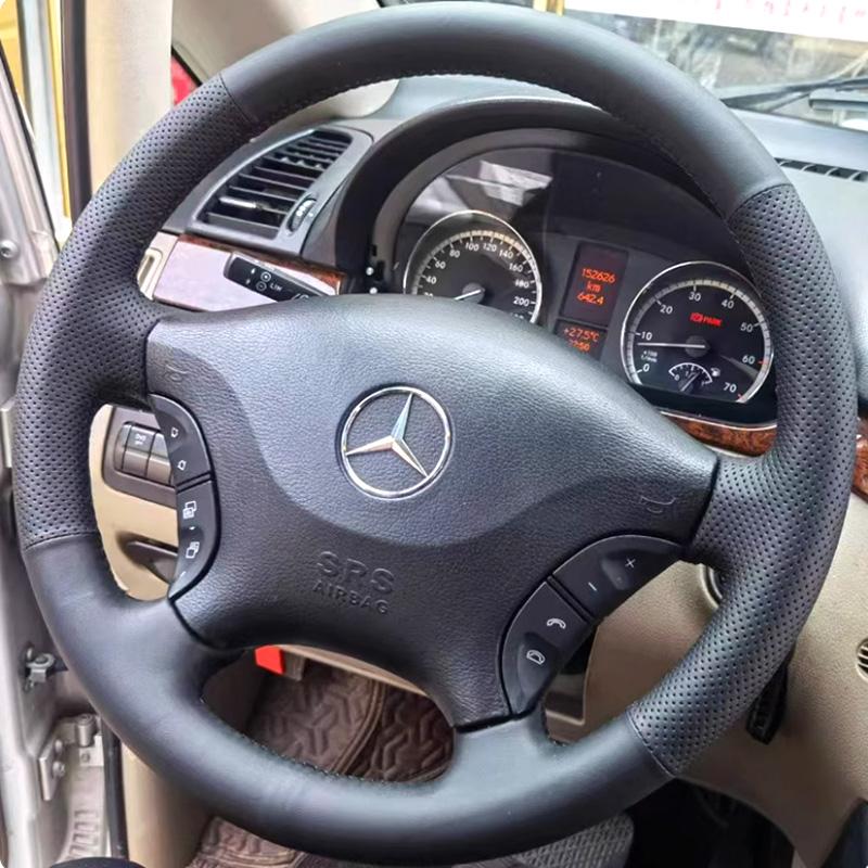 For Mercedes Benz Viano W639 Vito 2006-2011 DIY Non-slip Wear-resistant Car Steering Wheel Cover Cowhide Leather Black Interior