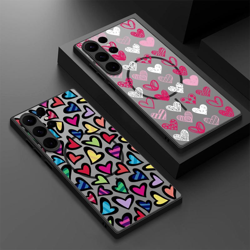Love Hearts Pattern Clear Case For Samsung Galaxy S25 S23 S24 Ultra S22 Plus S24 S21 S20 FE Magnetic For Magsafe PC Phone Cover