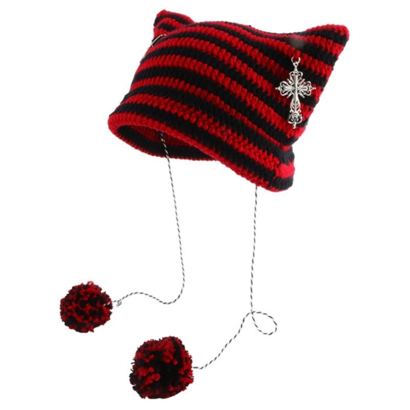 Little Devil Hat Devil Horn Hat Earflap Beanie Cat Ear Beanie Striped Knit Hat Crochet Knitted Hat Skullies Beanie