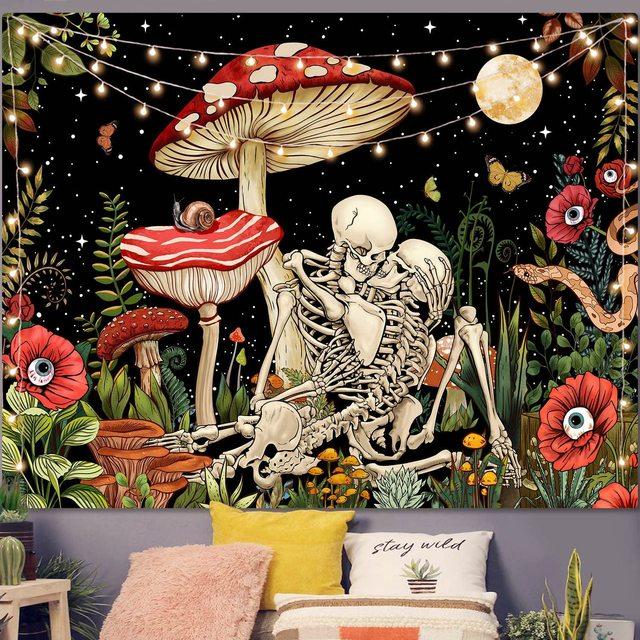 Skull Floral Tapestry Wall Haning Trippy Art Mushroom Skeleton Gothic Home Decor Garden Aesthetic Tapestries For Bedroom Blanket