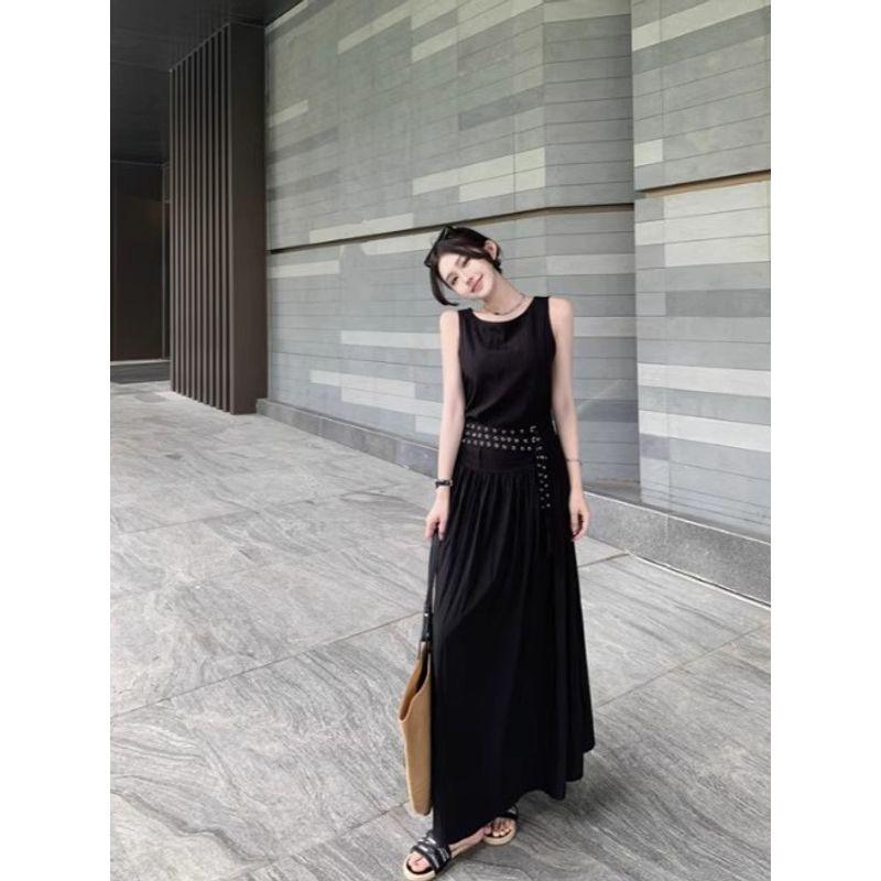 Kumikumi High-Grade Temperament Black Vest Dress Women Summer Unique Chic High Waist Slimming Large Swing Skirt
