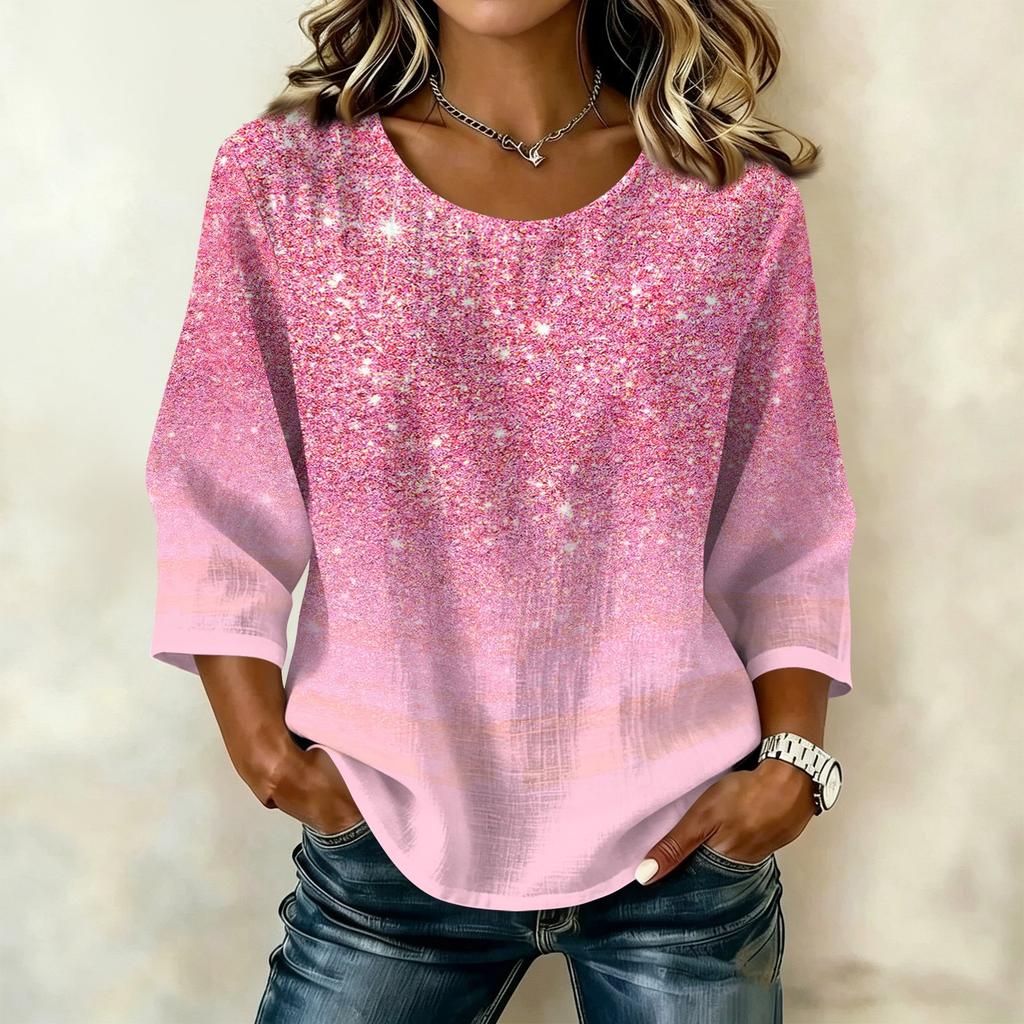 Blusa da Donna Casual Patchwork Stampata Girocollo Manica a Tre Quarti Lino Cotone Leggera Vestibilità Larga Top per l'Uso Quotidiano