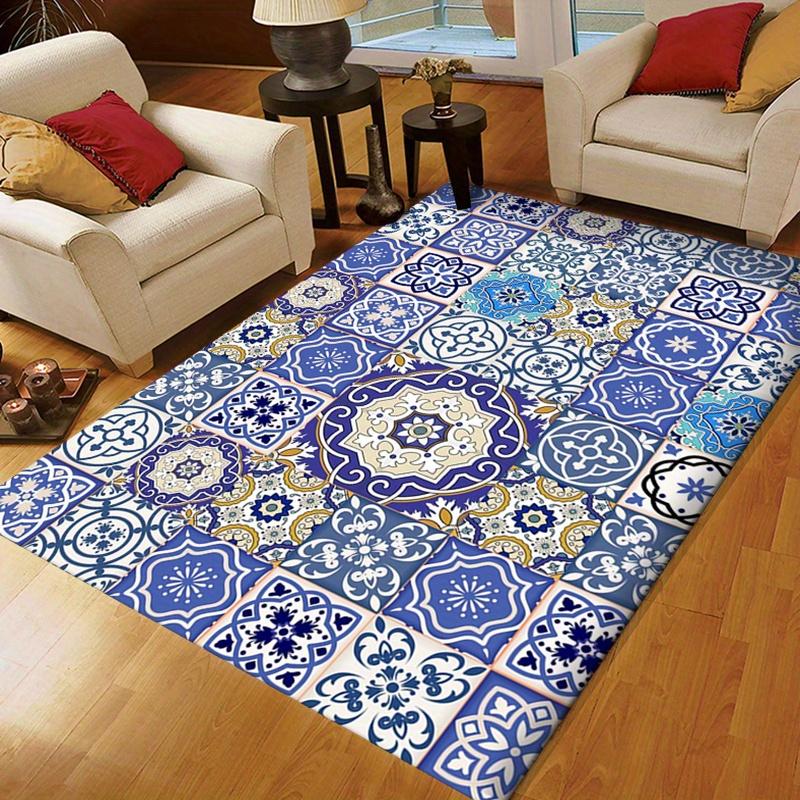 Elegant Grace Pattern Non-Slip Area Rug - Floor mat Crystal Velvet, Blue & Beige Floral Design, Soft Polyester Floor Mat for Liv