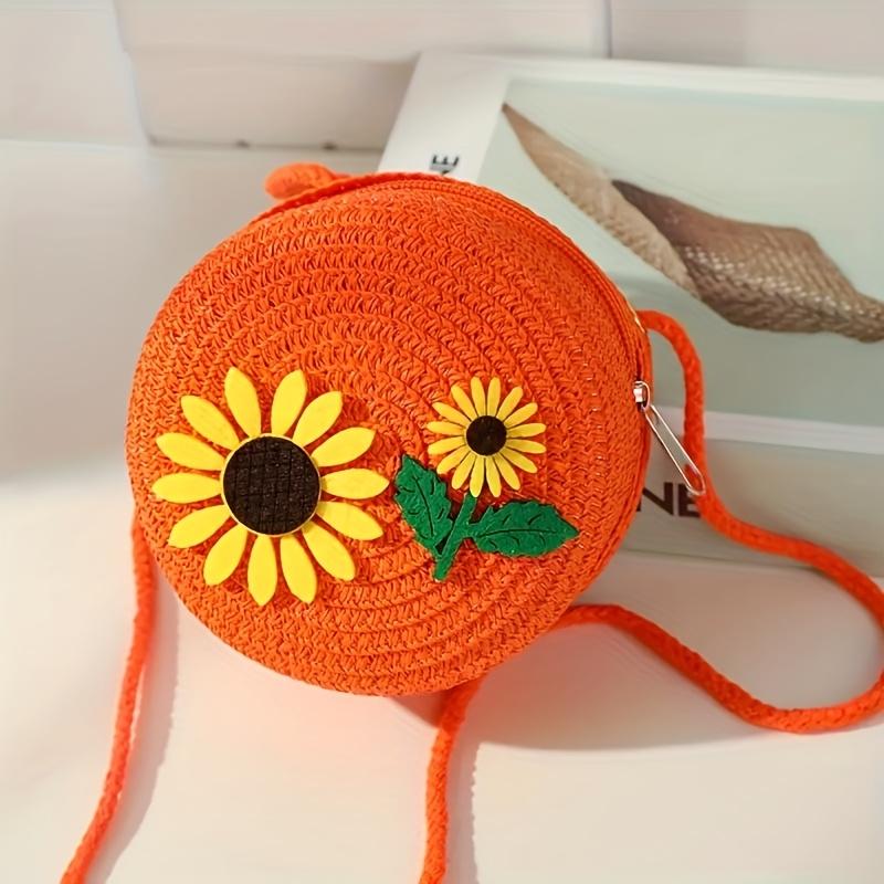 2-in-1 Floral Straw-Style Tote Bag with Zipper Closure Cute Cartoon Sunflower Design for Beach, Vacation, Daily Commute & Casual Outings