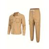 Men's, Solid Color Long Sleeve Button Down Jacket with Chest Pocket and Drawstring Pants with Multiple Pockets, Outdoor 2 Piece Set