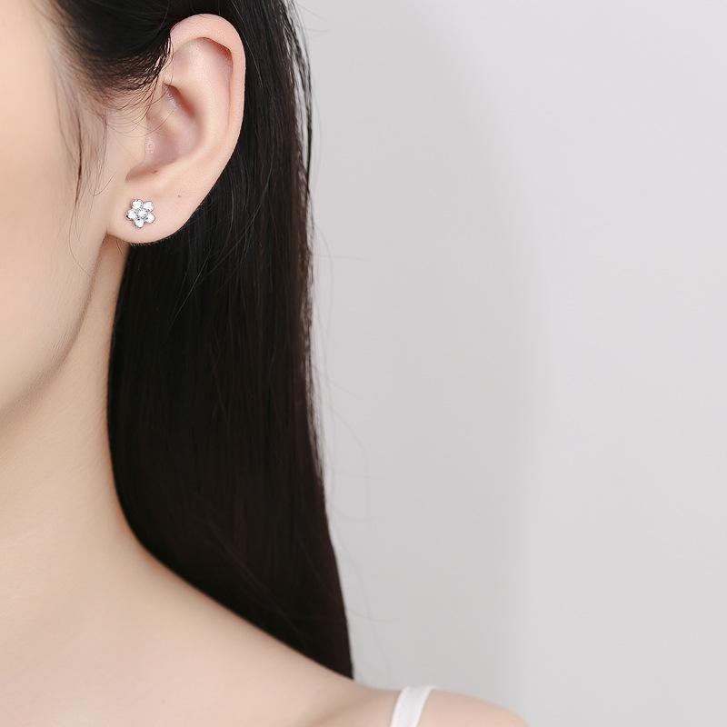 925 Sterling Silver Cherry Blossom Stud Earrings Enamel Flower Jewelry with Crystal for Women Girls Gift
