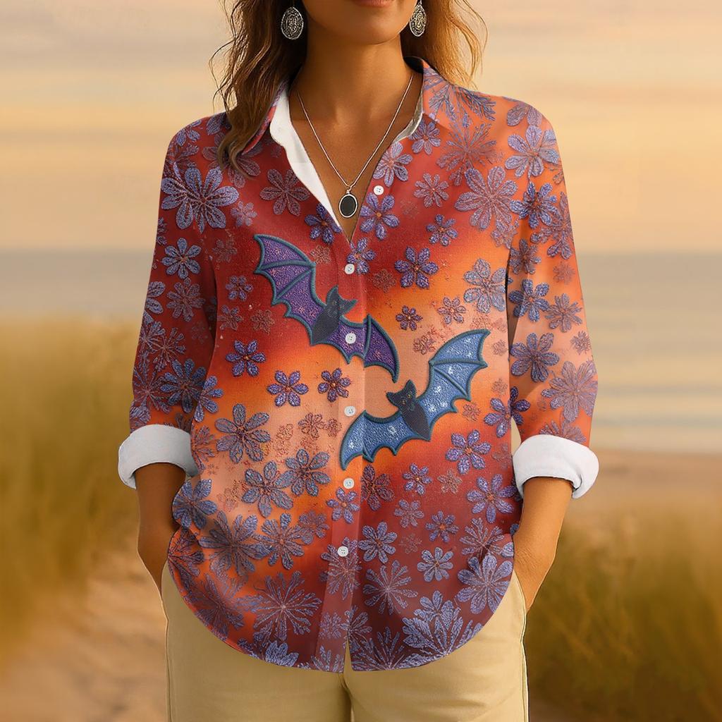 Dámská retro halloweenská potištěná košile s dlouhým rukávem na knoflíky, ležérní top s klasickým límečkem
