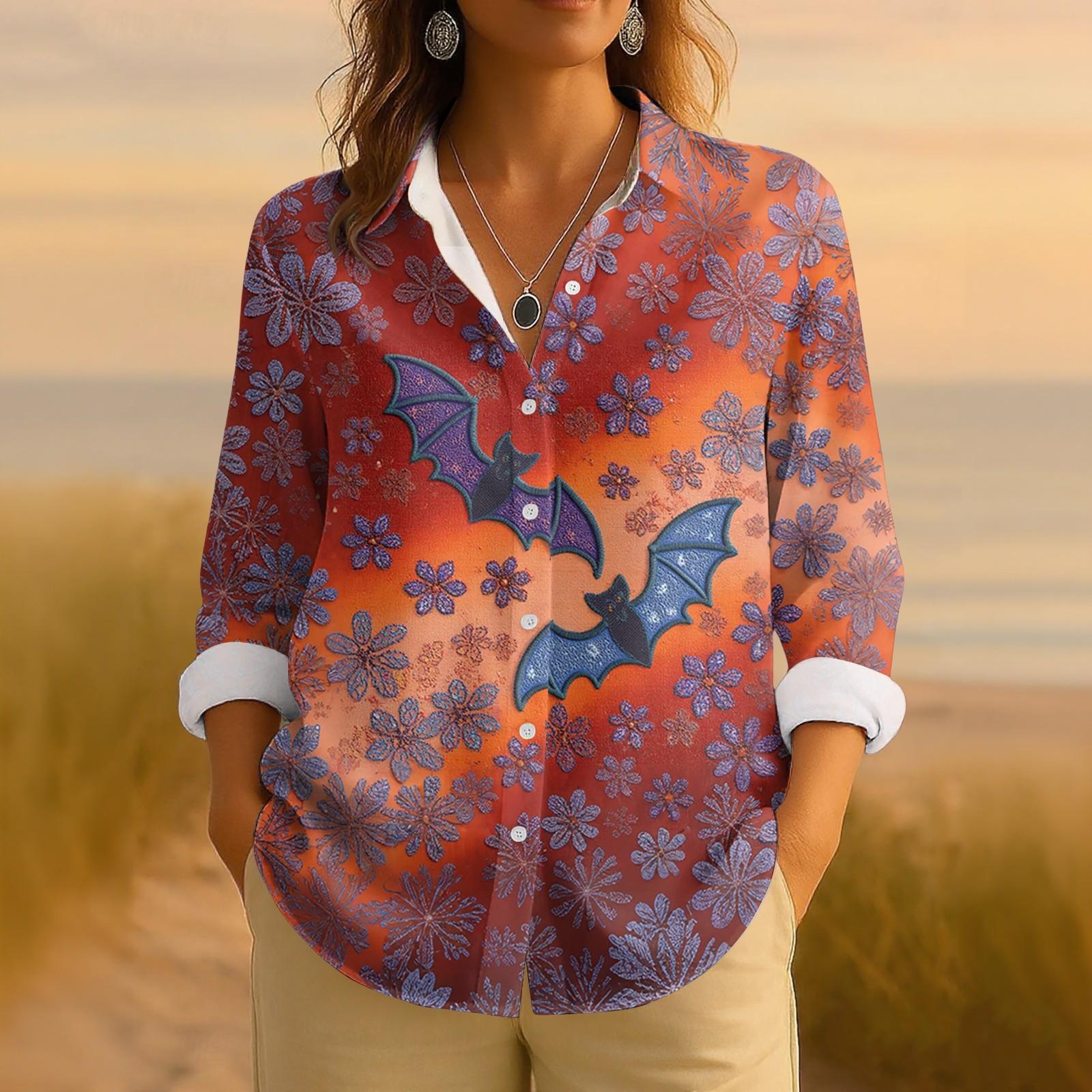 

Женская ретро рубашка с принтом на Хэллоуин, на пуговицах, с длинным рукавом, повседневная, с обычным воротником XXL