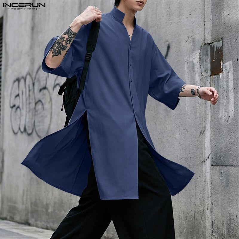 INCERUN Summer Men Stand V Neck Short Sleeve Splits Casual Long Shirts