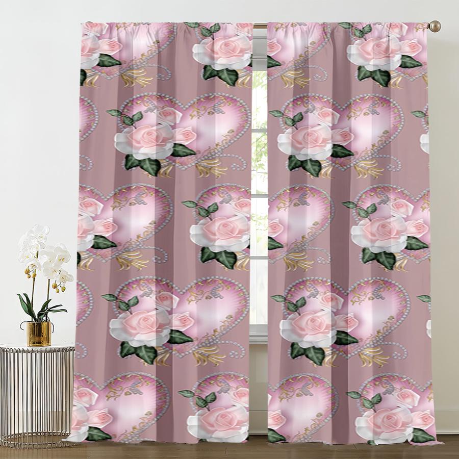 2PCS pink rose heart-shaped curtains, elegant and sweet style, bedroom and living room, decorative curtains with drawbar pockets