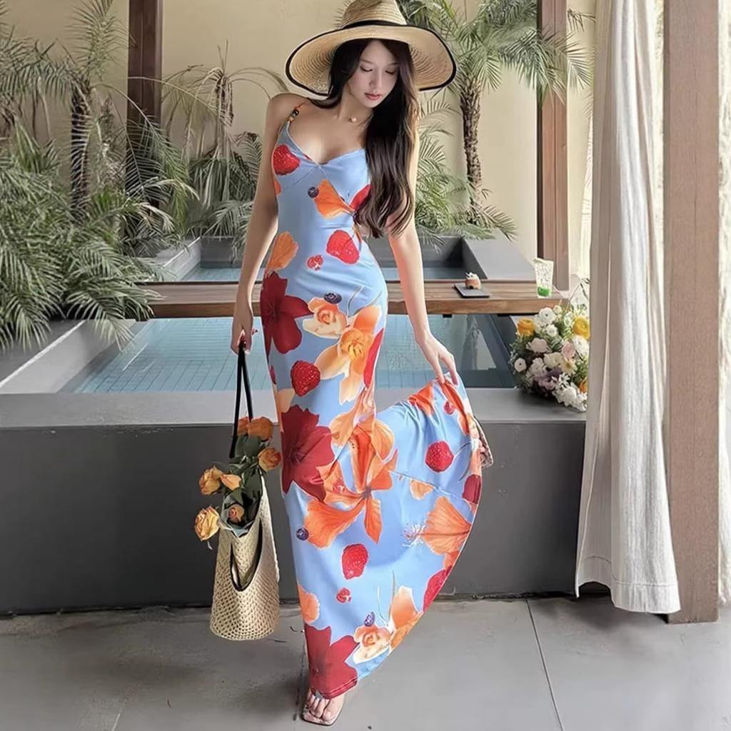 Island vacation style print suspender dress women's summer new dopamine wear sexy halter hip skirt