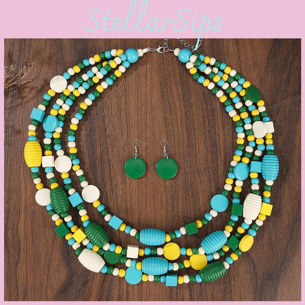 Wooden Geometric Handmade Bead Long Necklace Alloy Pendant For Women Decoration