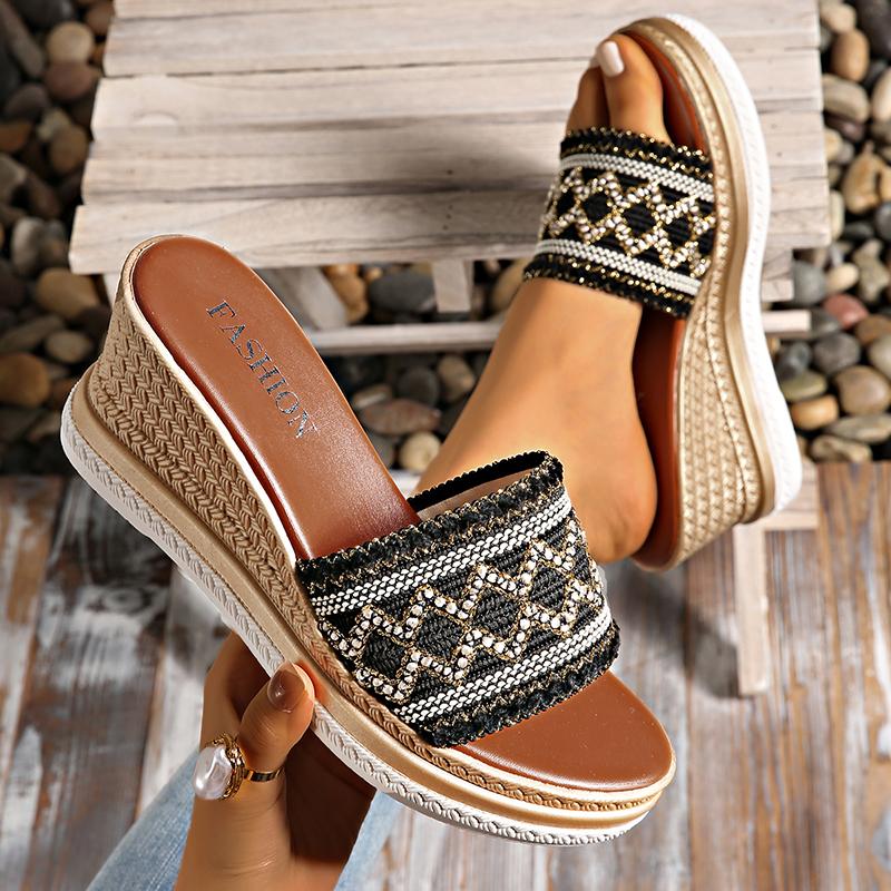 

Fashion Bohemian Striped Braided Wedge Sandals Women Summer Thick Sole Outdoor Beach Slides Woman Plus Size 43 Fashion Platform Slippers 35 чёрный