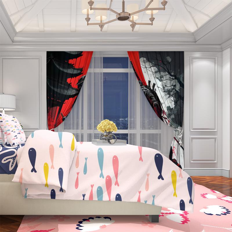 2pcs- Ink-wash style Sunset Warrior Polyester curtains, pole bag curtains 42*84, bedroom, living room, home room decoration