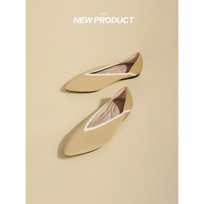 Flying Woven Pointed Single Shoes Large Size Women's Shoes Egg Roll Knitted Flat Bottom Soft Sole Breathable Woven Bean Shoes Spring and Autumn