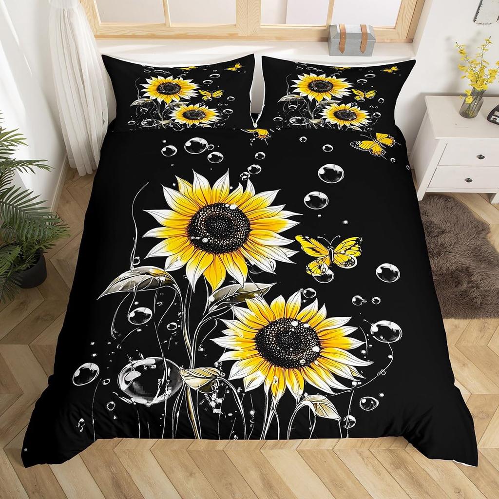Sunflower Duvet Cover Twin King, Spring Garden Flowers Comforter Cover, Yellow Floral Botanical Bedding Set for Teen Women Room