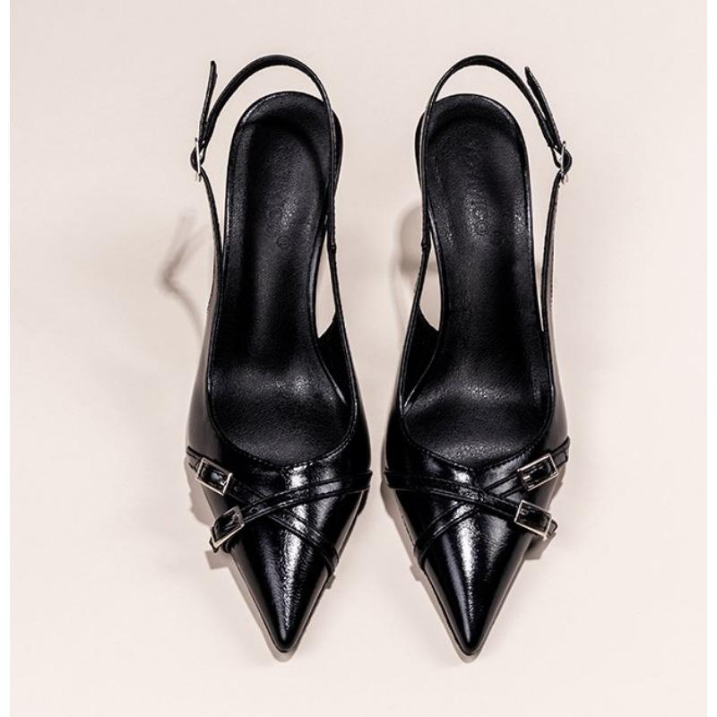 Fashionable Pointed Toe Shallow Mouth New High-heeled Shoes Summer Elegant Buckle Decorated Stiletto Black Women's Shoes