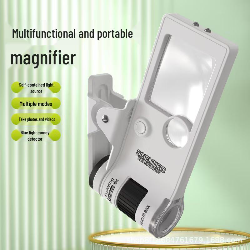 10-80X Portable LED Magnifying Glass with UV Light for Banknote Inspection, Jewelry ID, Reading, and Educational Play