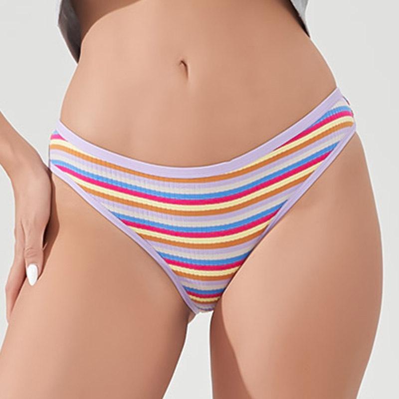 New Colour-Striped Breathable Ribbed Cotton Knickers for Women Comfortable Low-Rise Hot Girl Briefs