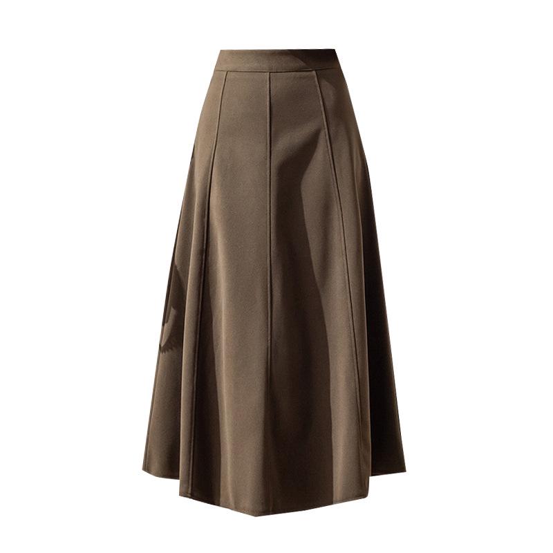 Women's 2024 Autumn/Winter Wool Blend A-Line Midi Skirt: Patchwork Design, Large Swing, Hip-Hugging, Draped Umbrella Style